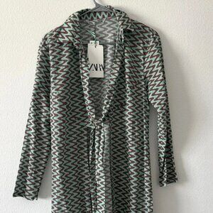 Zara The Lissie Tunic Shirt Zig-Zag Print Tie-Front Side Slits XS NWT
